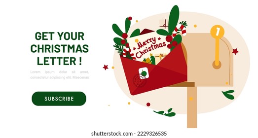 Christmas message banner.  Vector illustration for for New Year newsletter.. Open mailbox with red envelopes, flowers, branches and lollipop. Holiday template with text Merry Christmas.