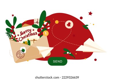 Christmas message banner. Vector illustration for New Year newsletter. Open  envelope with wishes, flowers, branches and lollipop. Holiday template with text Merry Christmas.