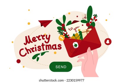 Christmas message banner. Vector illustration for New Year newsletter. Open  envelope with wishes, flowers, branches and lollipop in a hand. Holiday template with text Merry Christmas.