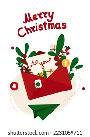 Christmas message banner. Vector illustration for New Year newsletter. Open  envelope with wishes, flowers, branches and lollipop. Holiday template with text Merry Christmas.