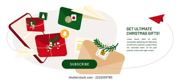 Christmas message banner. Vector illustration for New Year newsletter. Smartphone with festive envelopes, paper planes, flowers, branches and lollipop. Holiday template