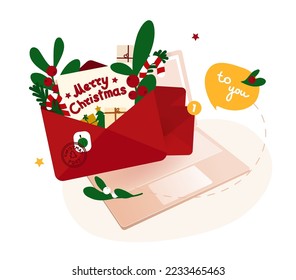 Christmas message banner. Vector illustration for New Year newsletter. Open  envelope with wishes, flowers, branches and lollipop on a laptop screen. Holiday template with text Merry Christmas.