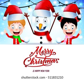 Christmas Message on White Background with Smiling Kids and Snowman Vector Illustration
