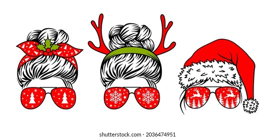 Christmas messy bun designs. Mom life vector print. Female faces in aviator sunglasses, bandana, santa hat and reindeer antlers on the head. Funny christmas print.