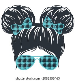 christmas messy bun girl. Kid life vector. Kids faces in aviator sunglasses, bandana and reindeer antlers on the head. Funny christmas print.