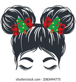 christmas messy bun girl. Kid life vector. Kids faces in aviator sunglasses, bandana and reindeer antlers on the head. Funny christmas print.
