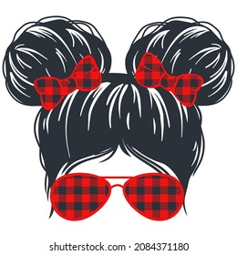christmas messy bun girl. Kid life vector. Kids faces in aviator sunglasses, bandana and reindeer antlers on the head. Funny christmas print.
