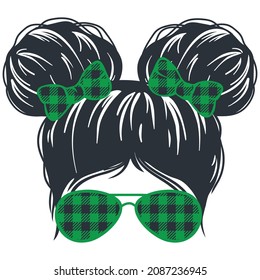 christmas messy bun girl. Kid life vector. Kids faces in aviator sunglasses, bandana and reindeer antlers on the head. Funny christmas print.