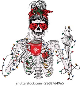 Christmas Messy Bun Skeleton Drinking Coffee with peace hand. Skeleton holding a coffee cup Xmas