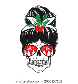 christmas messy bun skull. christmas skull vector. skull faces in aviator sunglasses, bandana and reindeer antlers on the head. Funny christmas print.