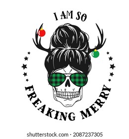 christmas messy bun skull. christmas skull vector. skull faces in aviator sunglasses, bandana and reindeer antlers on the head. rock Christmas t shirt print.