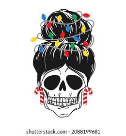 christmas messy bun skull. christmas skull vector. skull faces in aviator sunglasses, bandana and reindeer antlers on the head. Funny christmas print.