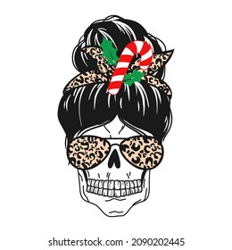 christmas messy bun skull. christmas skull vector. skull faces in aviator sunglasses, bandana and reindeer antlers on the head. Funny christmas print.