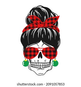 christmas messy bun skull. christmas skull vector. skull faces in aviator sunglasses, bandana and reindeer antlers on the head. Funny christmas print.