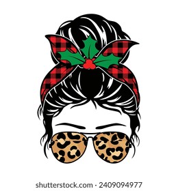 Christmas Messy Bun, Messy Bun Vector, Christmas Shirt Print Template