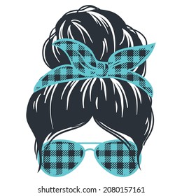 christmas messy bun woman. Mom life vector. Girl faces in aviator sunglasses, bandana and reindeer antlers on the head. Funny christmas print.