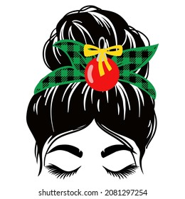 christmas messy bun woman. Mom life vector. Girl faces in aviator sunglasses, bandana and reindeer antlers on the head. Funny christmas print.