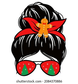 christmas messy bun woman. Mom life vector. Girl faces in aviator sunglasses, bandana and reindeer antlers on the head. Funny christmas print.
