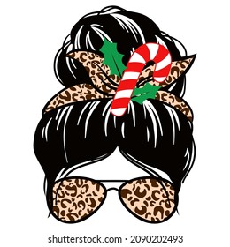christmas messy bun woman. Mom life vector. Girl faces in aviator sunglasses, bandana and reindeer antlers on the head. Funny christmas print.