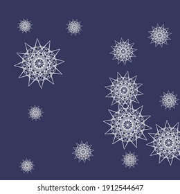 Christmas Metalic Chaotic Sharp Violet Composition. Purple Night Silver Stars Winter Sky Wallpaper. Mystery Luxury Print Snowflakes Grey Ornament. Cold New Year White Dark Mandala Background.