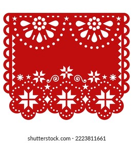 Christmas Mexican Papel Picado vector template design with snowflakes and flowers amd empty space for text, festive winter paper cutout decoration. Traditional red Xmas party banner 