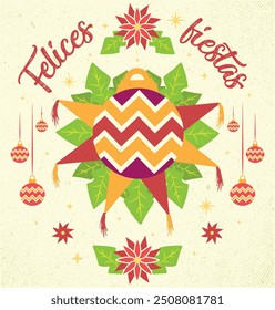 Christmas in Mexico "happy holidays" card with piñata decorated with spheres and poinsettia flower