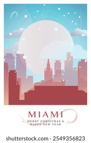 Christmas Miami retro poster for winter  festives, New Year in USA. Greetings, happy holidays and merry xmas from Florida, United States of America vector postcard layout