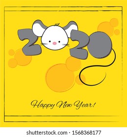 Christmas mice and cheese holes. Vector illustration. Cartoon cute mouse and numbers 2020 