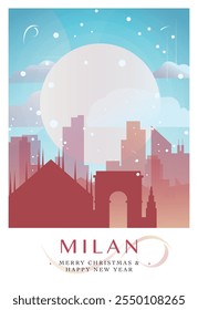 Christmas Milan retro poster for festives, New Year. Greetings, happy holidays and merry xmas from Italy vector postcard layout