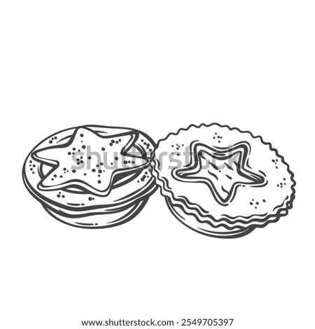 Christmas mince pie outline vector illustration. Hand drawn cake with fruit mincemeat, Xmas tart with crust star shape decoration and sweet snack cooking for traditional Christmas celebration