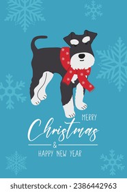 Christmas Miniature Schnauzer in hand drawn style. Greeting text Merry Christmas. Beautiful illustration for greeting cards, posters and seasonal design.