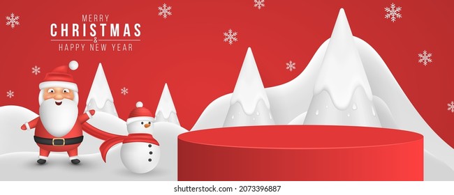 Christmas minimal 3d scene for display your product. Emotional cartoon santa and snowman on the background of decorative fir trees with snowflakes. Vector podium platform. EPS 10