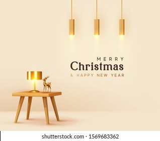 Christmas minimal design. Holiday interior background beige color. Standing figure of golden deer on table, night light lamp, hanging spotlight. Gold metal reindeer. vector illustration