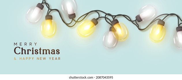 Christmas minimal festive background. Realistic 3d holiday design, decoration light glass garlands yellow and white lamps. New year blue banner, web poster, website header. Vector illustration