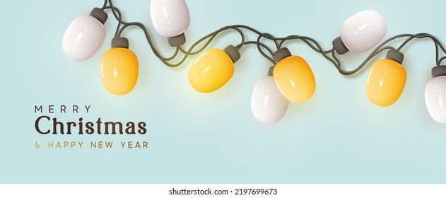 Christmas minimal festive background. Realistic 3d holiday design, decoration light garlands yellow and white lamps. New year blue banner, web poster, website header. Vector illustration