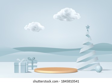 Escena mínima de Navidad representada 3d con caja de regalo y plataforma de podio. Representación 3d del vector de fondo del árbol de Navidad con podio de oro. para mostrar productos. Escenario de exhibición sobre los veladores azul pastel