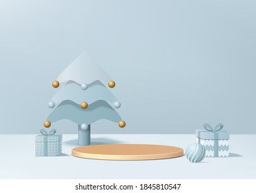 Christmas minimal rendered scene 3d with gift box and podium platform. Christmas tree background vector 3d rendering with gold podium. stand to show products. Stage showcase on pedestal blue pastel