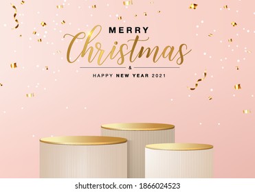 Christmas minimal rendered scene 3d with gift box and podium platform. Christmas ribbon background vector 3d rendering with pink podium. stand to show product. Stage showcase in pink background