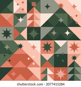 Christmas minimal tree and stars geometry seamless pattern in trendy green and coral color for background, fabric, textile, wrap, surface, web and print design. Laconic Xmas geometric vector rapport