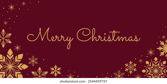 Christmas minimalist banner. Golden handwritten inscription Merry Christmas and snowflake frame on cherry dark red background. New Year design.