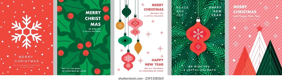 Christmas Minimalist card set - abstract Holidays flyers. Lettering with Christmas and New Year decorative elements. Vector illustration.