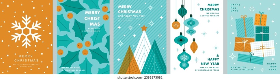 Christmas Minimalist card set - abstract Holidays flyers. Lettering with Christmas and New Year decorative elements. Vector illustration.