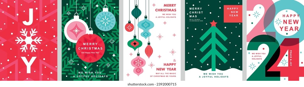 Christmas Minimalist card set - abstract Holidays flyers. Lettering with Christmas and New Year decorative elements. Vector illustration.