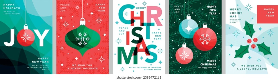 Christmas Minimalist card set - abstract Holidays flyers. Lettering with Christmas and New Year decorative elements. Vector illustration.