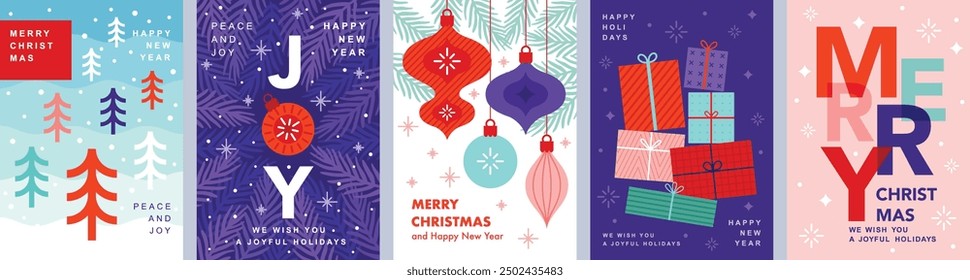 Christmas Minimalist card set - abstract Holidays flyers. Lettering with Christmas and New Year decorative elements. Vector illustration.