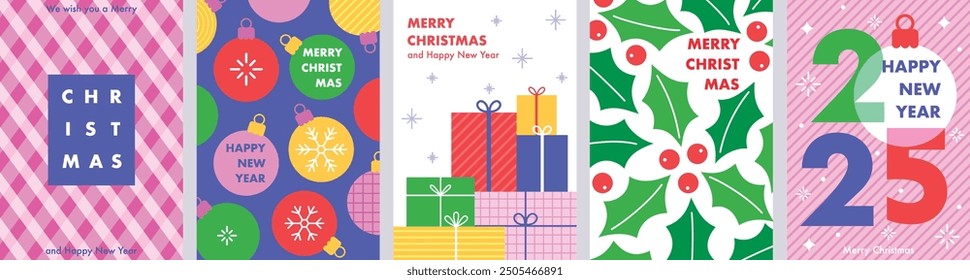 Christmas Minimalist card set - abstract Holidays flyers. Lettering with Christmas and New Year decorative elements. Vector illustration.