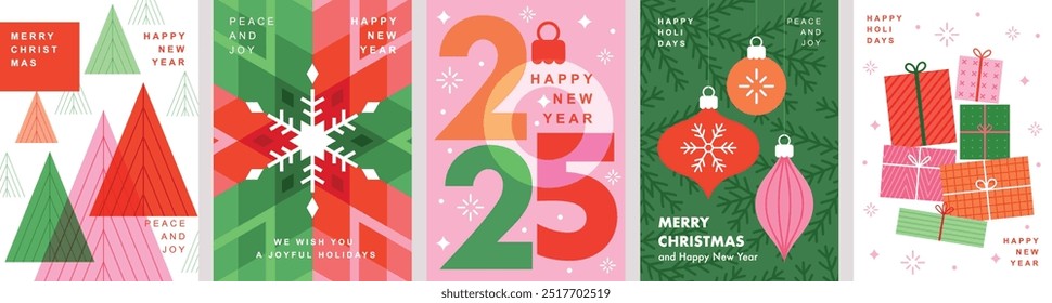 Christmas Minimalist card set - abstract Holidays flyers. Lettering with Christmas and New Year decorative elements. Vector illustration.