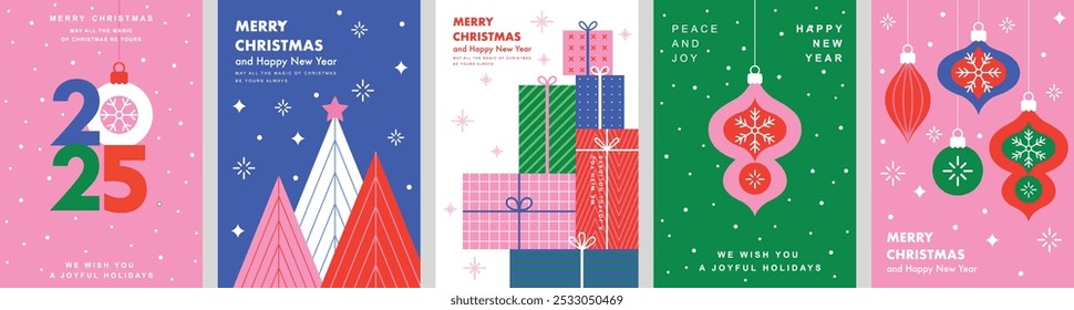 Christmas Minimalist card set - abstract Holidays flyers. Lettering with Christmas and New Year decorative elements. Vector illustration.