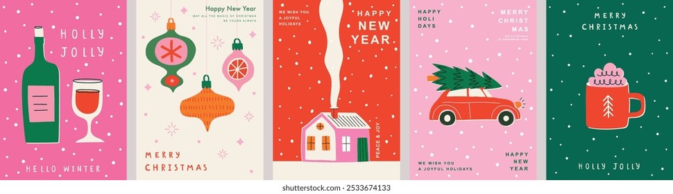 Christmas Minimalist card set - abstract Holidays flyers. Lettering with Christmas and New Year decorative elements. Vector illustration.