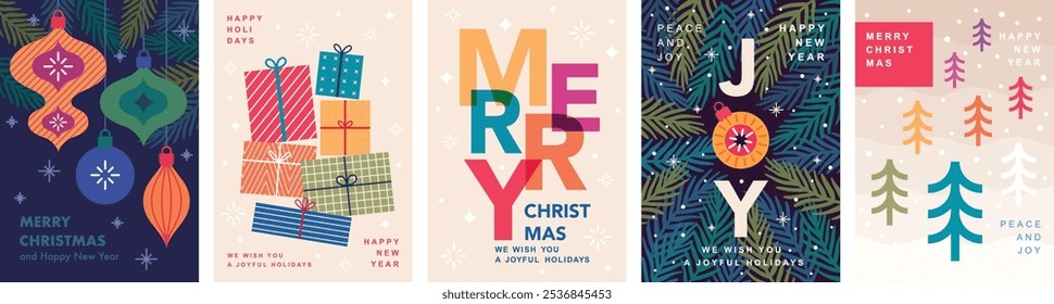 Natal conjunto de cartões minimalista - abstrato Férias flyers. Lettering com elementos decorativos de Natal e Ano Novo. Ilustração vetorial.